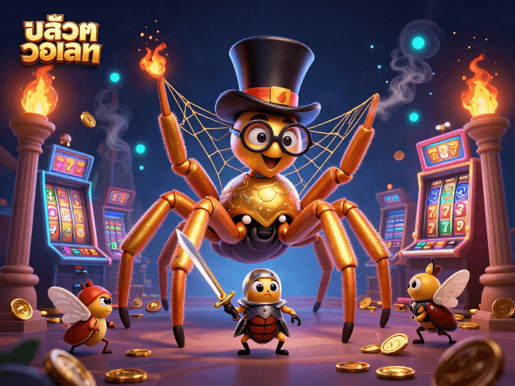 Engage with สล็อตวอเลท in a vibrant scene showcasing a golden tarantula and beetle knights amidst casino elements.