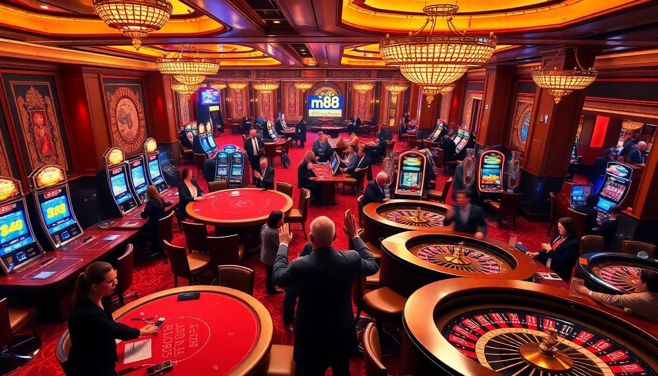 Players enjoy an exciting gaming experience at m88 casino with vibrant slot machines and poker tables.