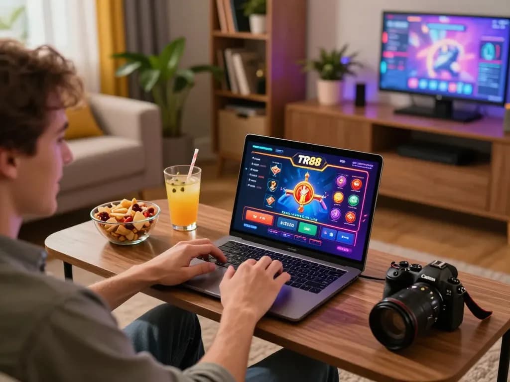 Engaging with the TR88 app for online gambling in a vibrant home setup with a laptop.