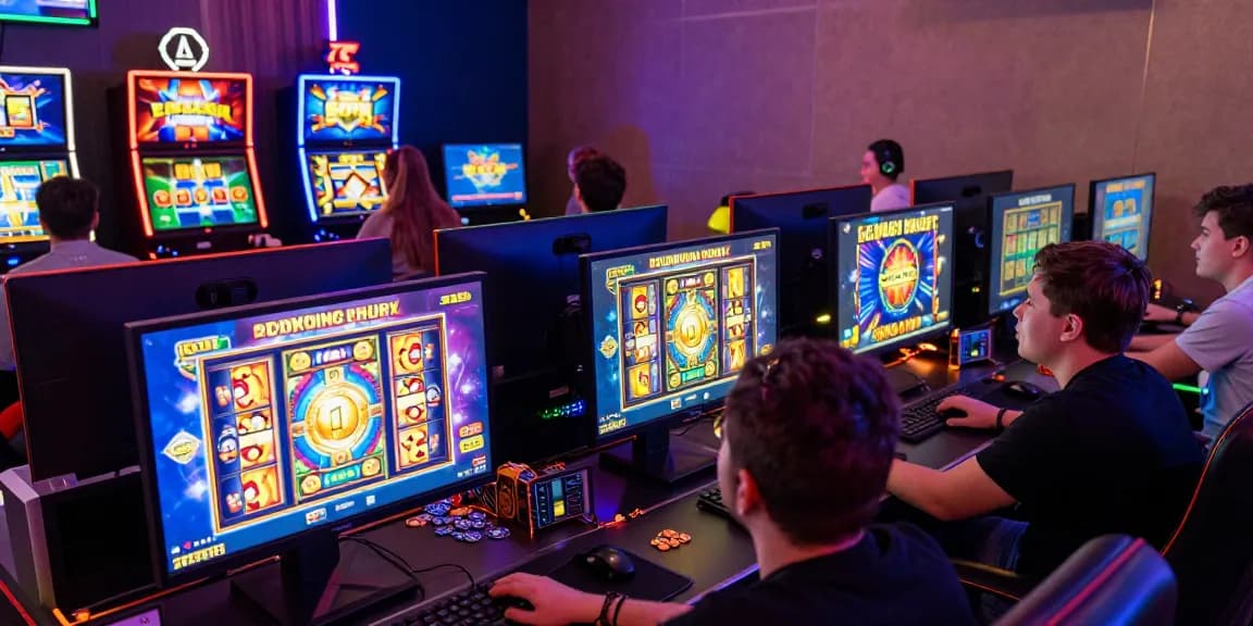 Players immersed in engaging bonus buy slots at a vibrant online casino, showcasing dynamic slot games.