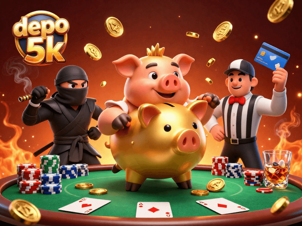Engage with the thrilling scene of depo 5k featuring a golden piggy bank sumo wrestler amidst dynamic poker elements and energetic characters.