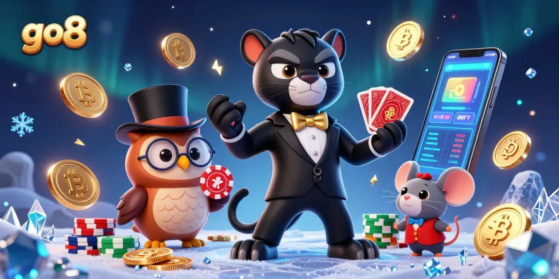 Engaging with go8 at an online casino, a stylish panther deals cards among crypto coins and colorful characters.