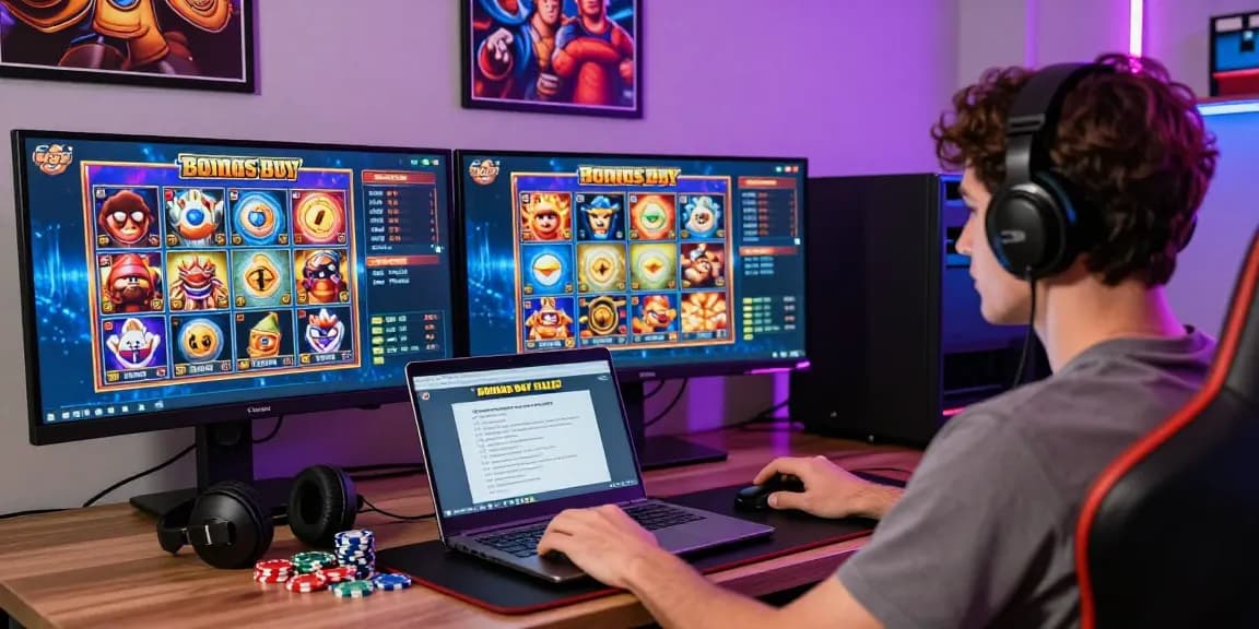 Player enjoying cocomaya-themed bonus buy slots in a vibrant gaming setup with dual monitors and colorful ambiance.