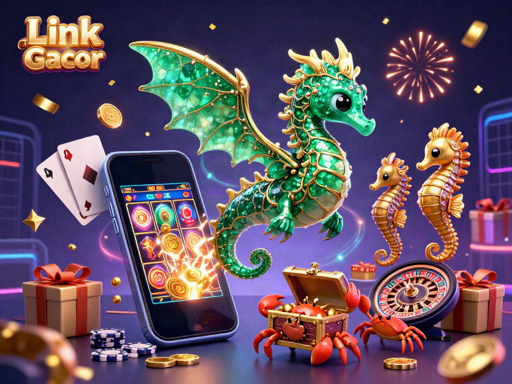 Gambarkan Link Slot Gacor dengan naga laut kartun dan elemen slot yang meriah.