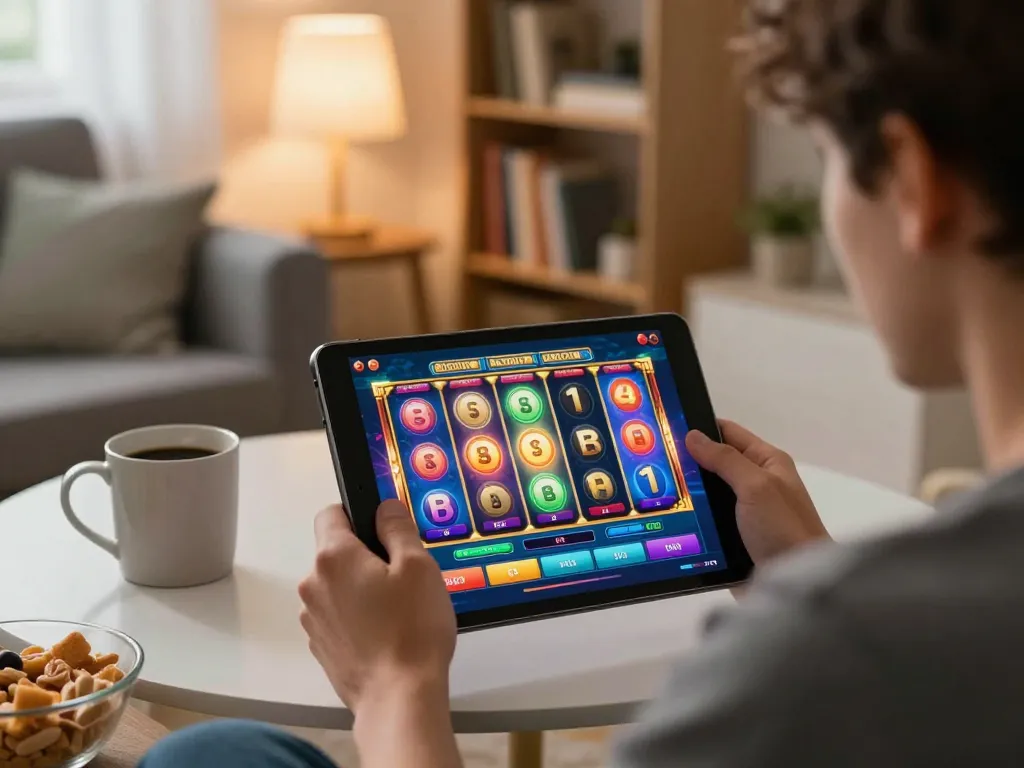 Engaging in slot online gaming on a tablet in a cozy living room