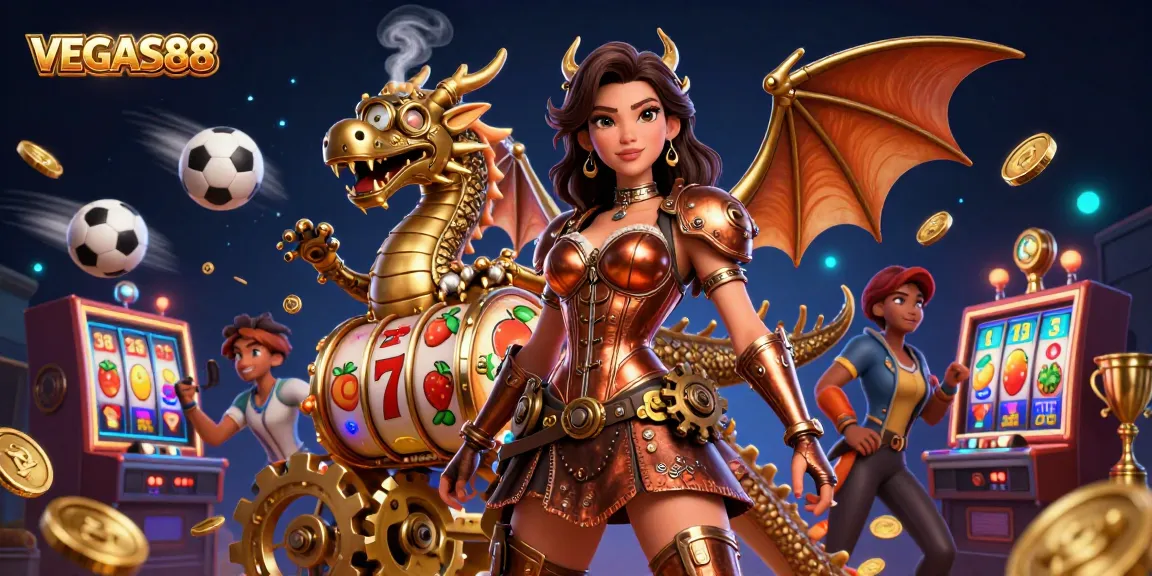 Engage with VEGAS88’s vibrant slot games featuring a steampunk woman and dynamic visuals.