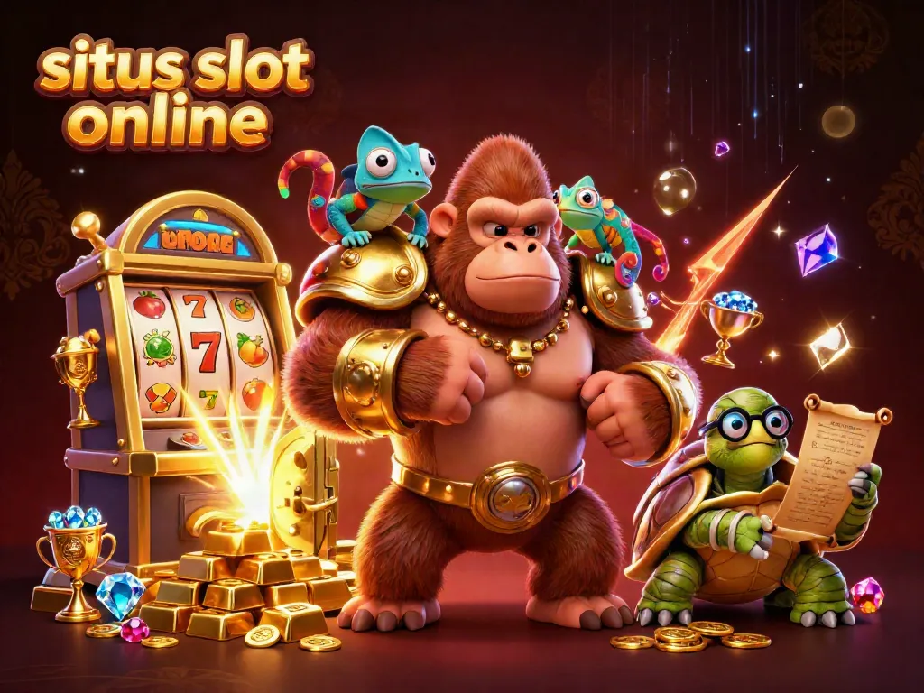 Memenangkan permainan dengan situs slot online, raja gorila kuat dan teman chameleon, menghadirkan keberuntungan dalam ilustrasi 3D.