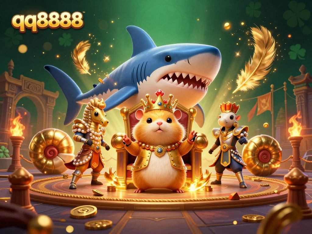 Win big with qq8888 as the golden hamster king rules the casino world in this vibrant illustration.