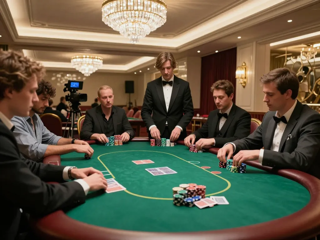 Go8 players strategizing during a high-stakes poker game in a luxurious VIP room.