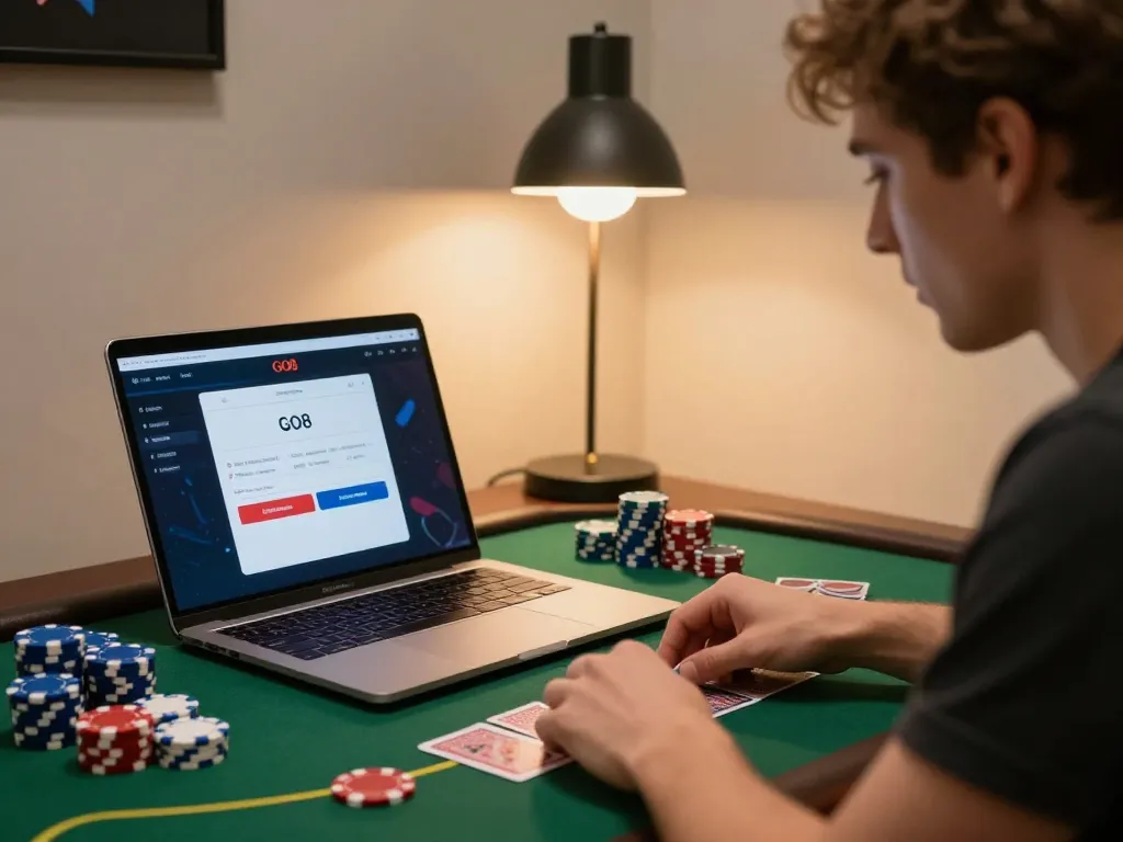 Player using GO8 đăng nhập for online blackjack in a stylish gaming setup, focused on strategy and gameplay.