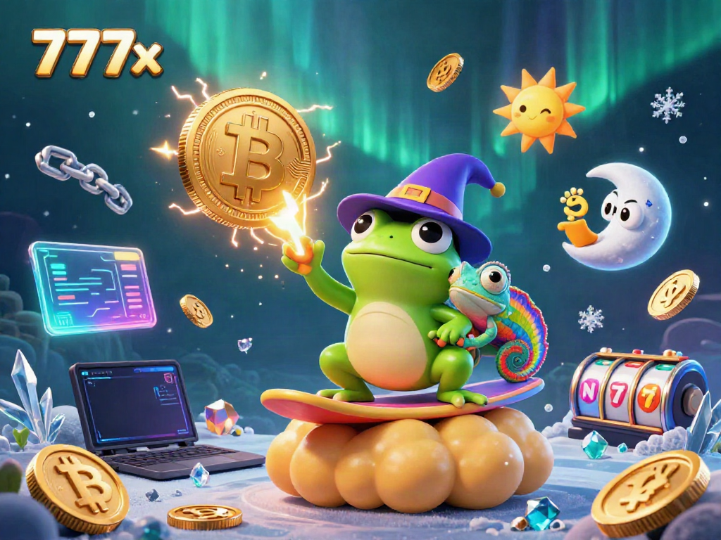 Experience the excitement of 777x casino gaming with golden coin storms, crypto elements, and lively characters.