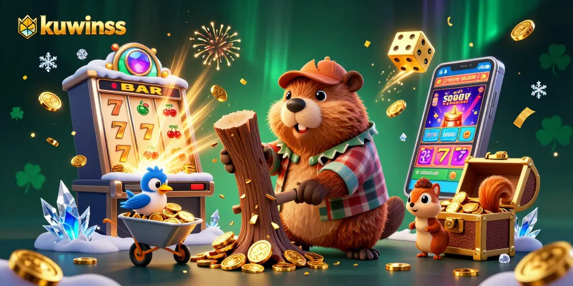 Join the excitement at kuwinss with a vibrant beaver and friends collecting coins in a casino-themed scene.