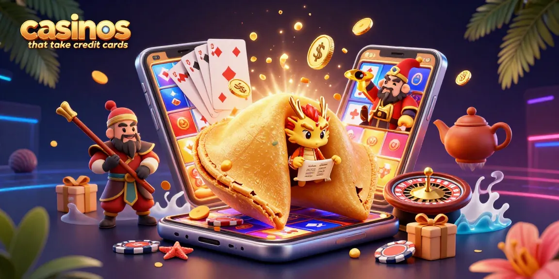 Experience casinos that take credit cards with a colorful scene of a golden fortune cookie and slot games.