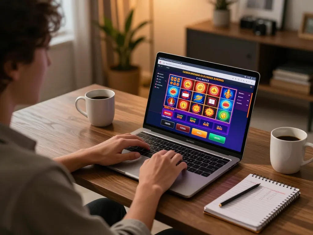 Engaging scene of a player exploring Canadian online casinos on a laptop surrounded by strategy notes.