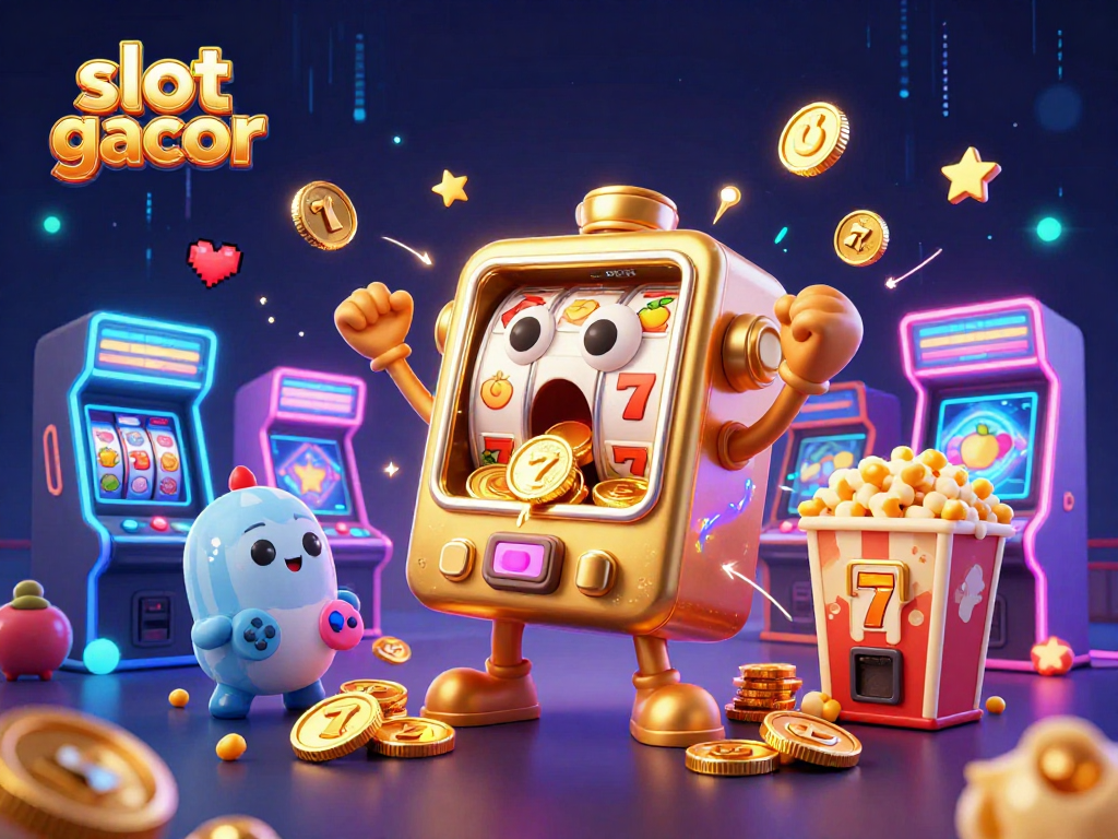 Join the excitement with slot gacor as the golden slot machine celebrates winning coins amidst a lively arcade scene.