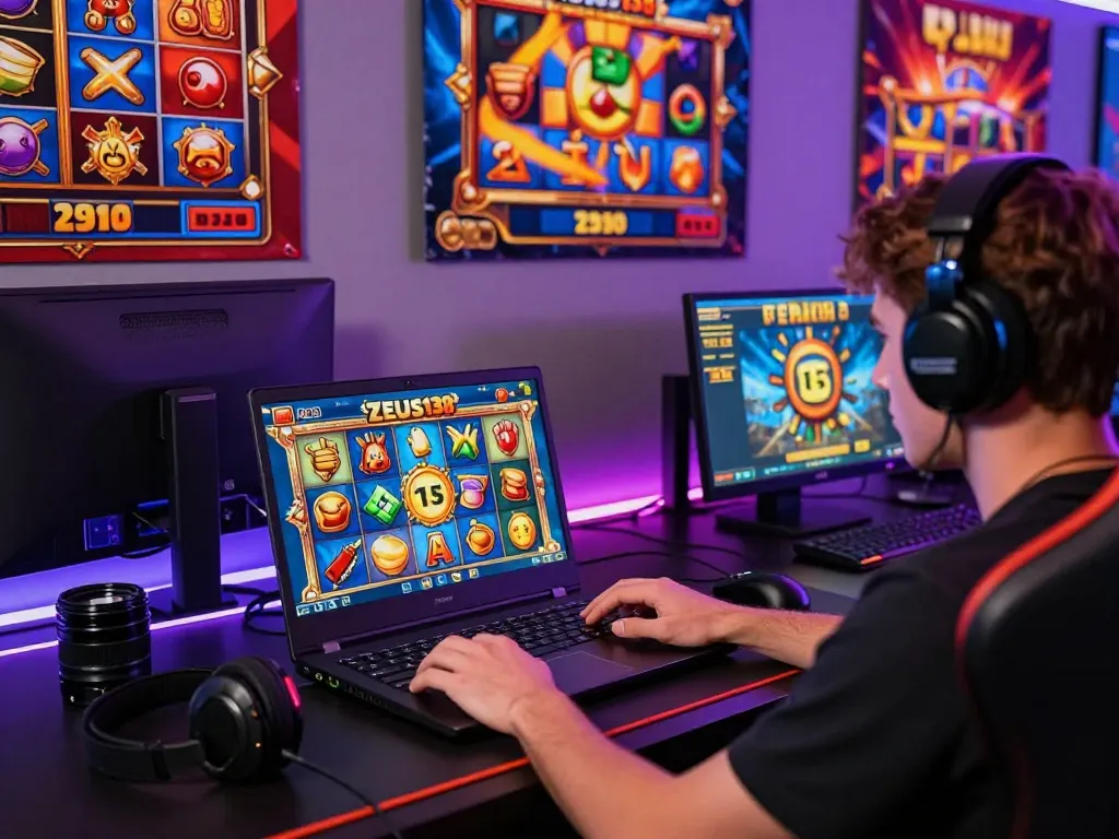 Player enjoying Zeus138 online slots with vibrant gaming setup and accessories, showcasing excitement in online gaming.