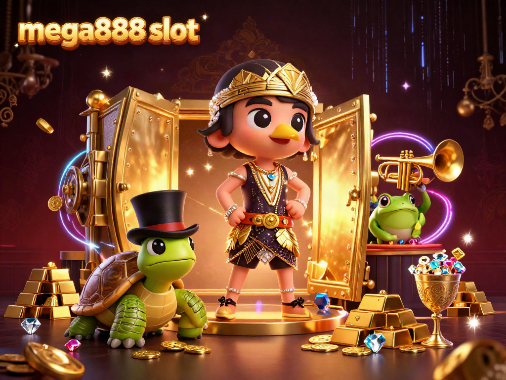 Spin the mega888 slot for dazzling wins with vibrant characters in a dynamic casino scene.