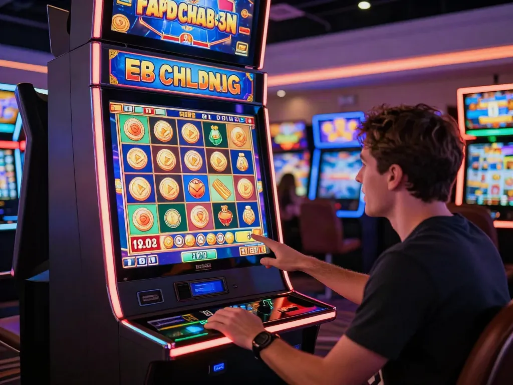 Excited player enjoying a slot maxwin game in a modern casino, surrounded by colorful graphics and jackpot symbols.