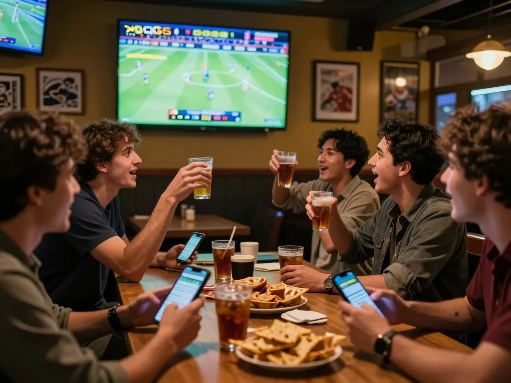 Watch friends celebrate a win while betting on god55 sports app at a lively sports bar.