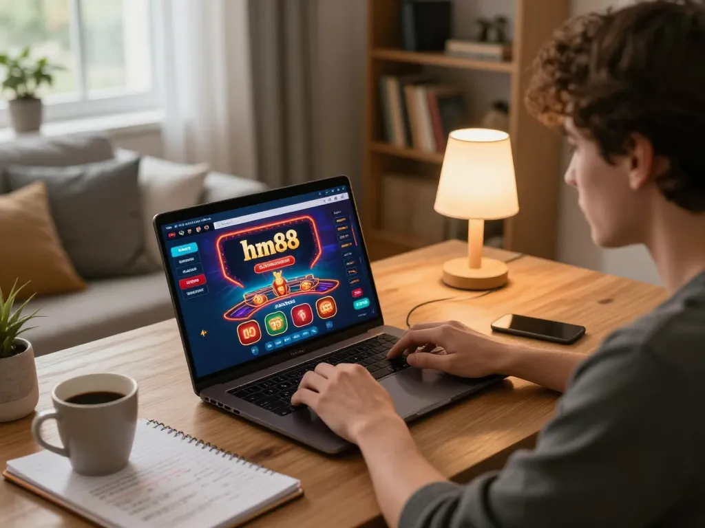 Engaging in online gaming with hm88 on a laptop in a cozy home setting.