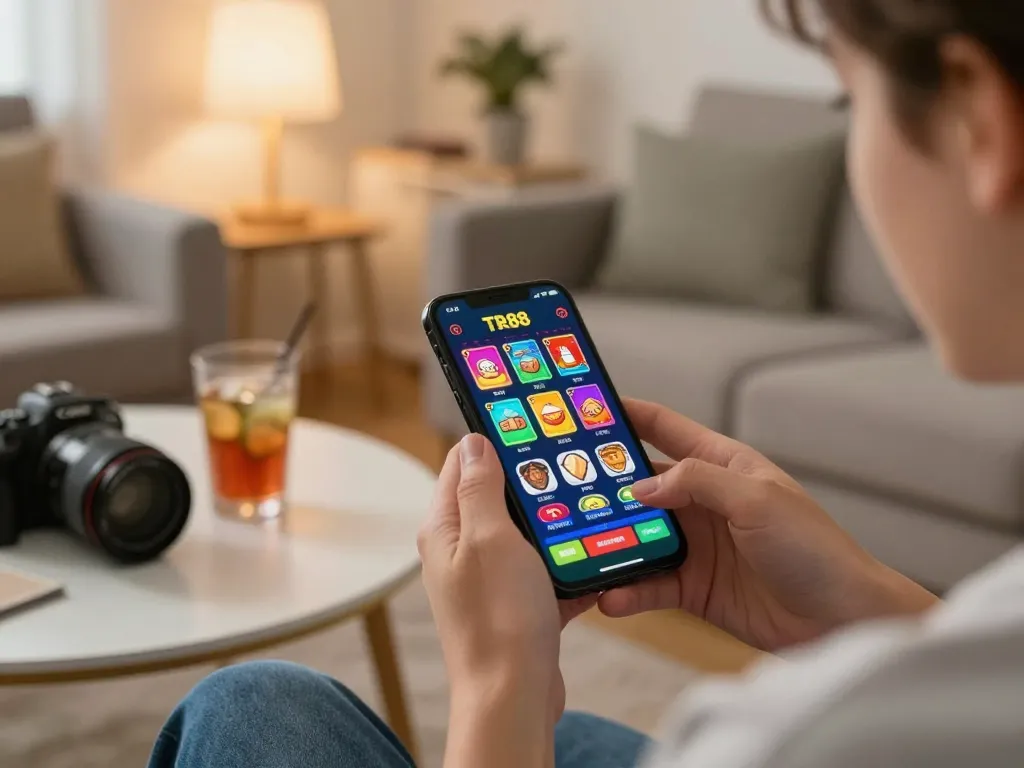 Player enjoying mobile gaming on TR88 app in cozy home setup, showcasing engaging gaming interface.