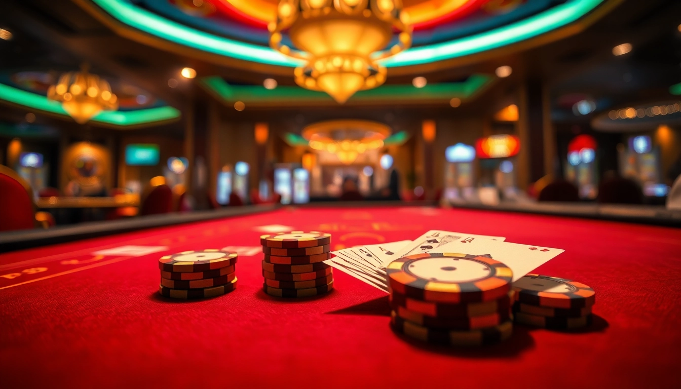 Experience the thrill of w88 ทางเข้า at a vibrant casino gaming table filled with cards and chips.