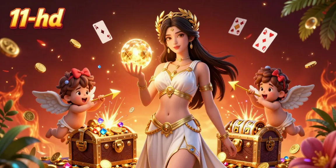 Experience thrilling casino action with 11-hd as a Grecian goddess character holds a glowing orb.