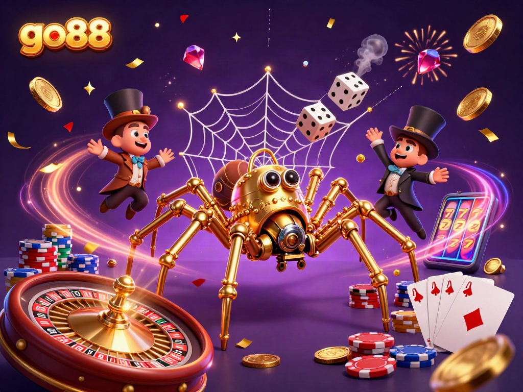 Engage with go88's vibrant casino world, featuring a steampunk spider and dynamic gaming action.
