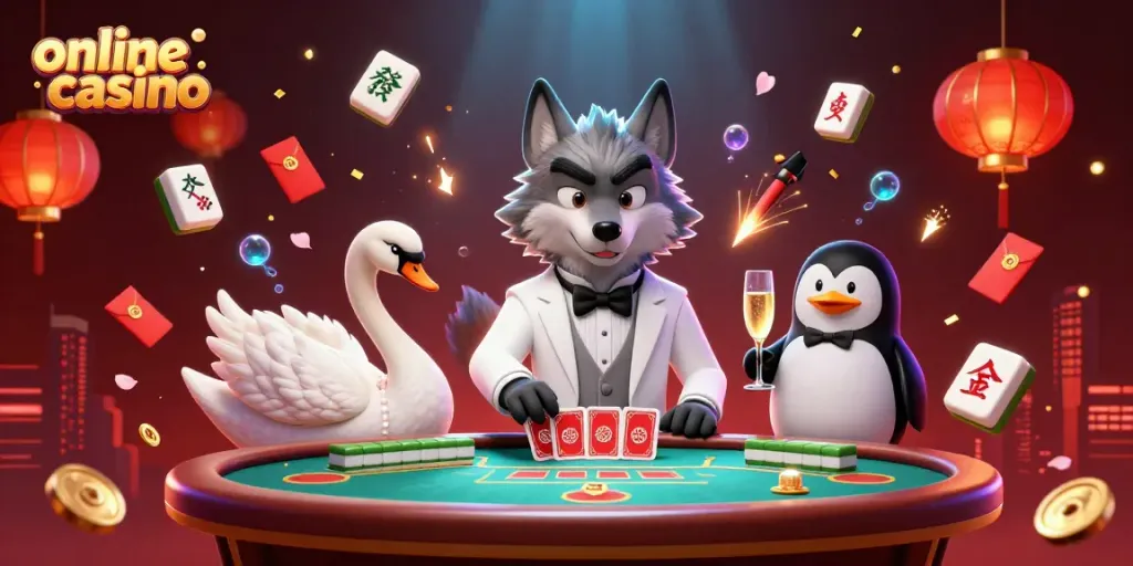 Experience a vibrant online casino scene with a debonair wolf, elegant swan, and sophisticated penguin.