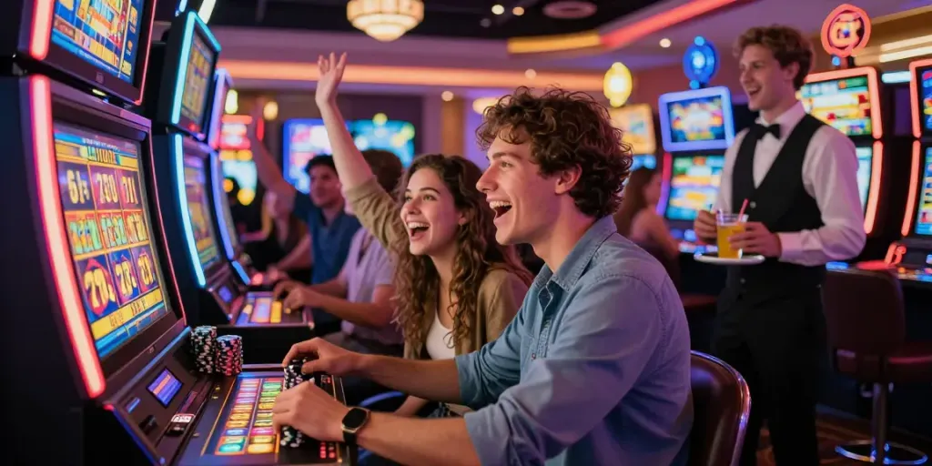 Couple enjoying the Lucky777 slot machine in a lively casino atmosphere