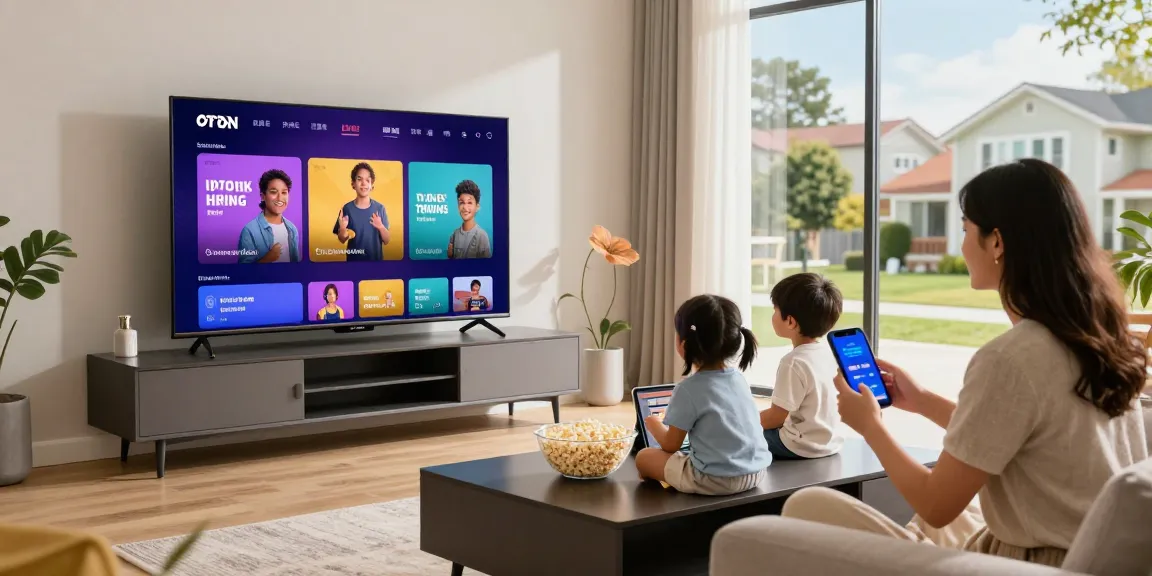 Enjoying IPTV American official guide with family in a modern living room.