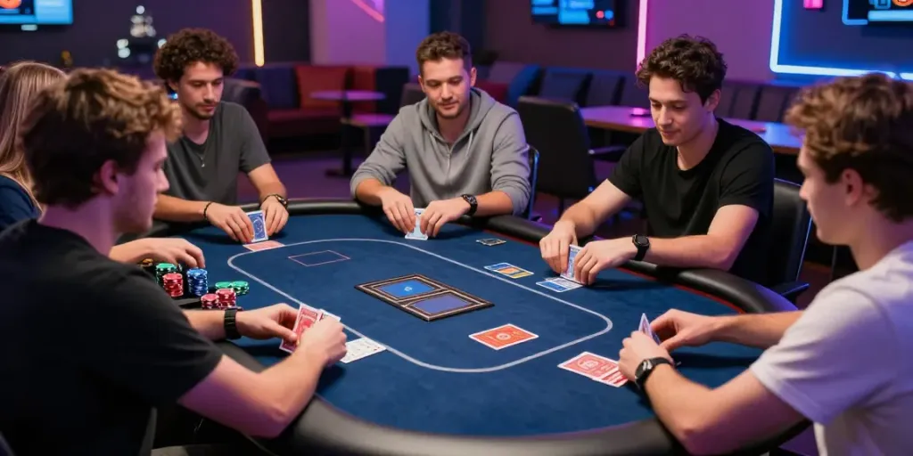 Suasana taruhan online bola888 dengan pemain bersemangat di meja poker digital.