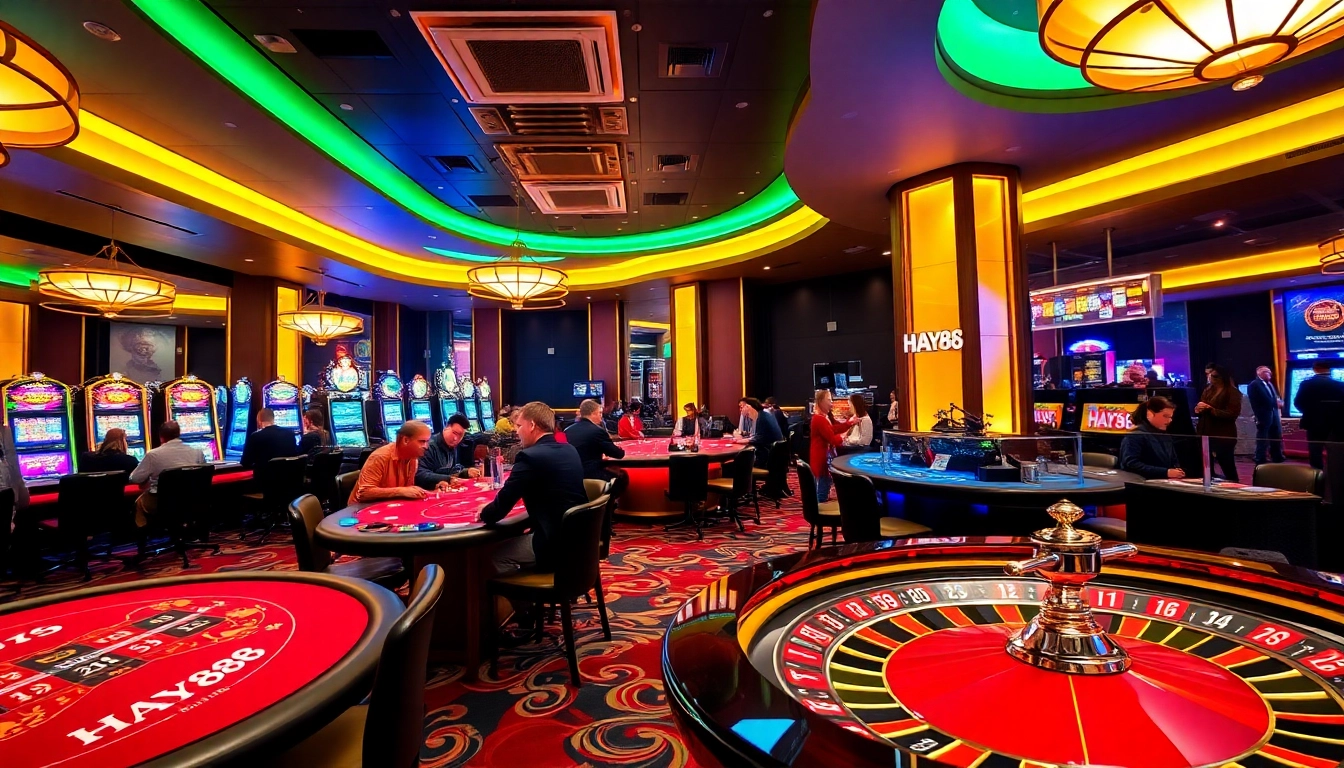 HAY88 casino gaming scene with vibrant tables, dealers, and luxurious atmosphere.