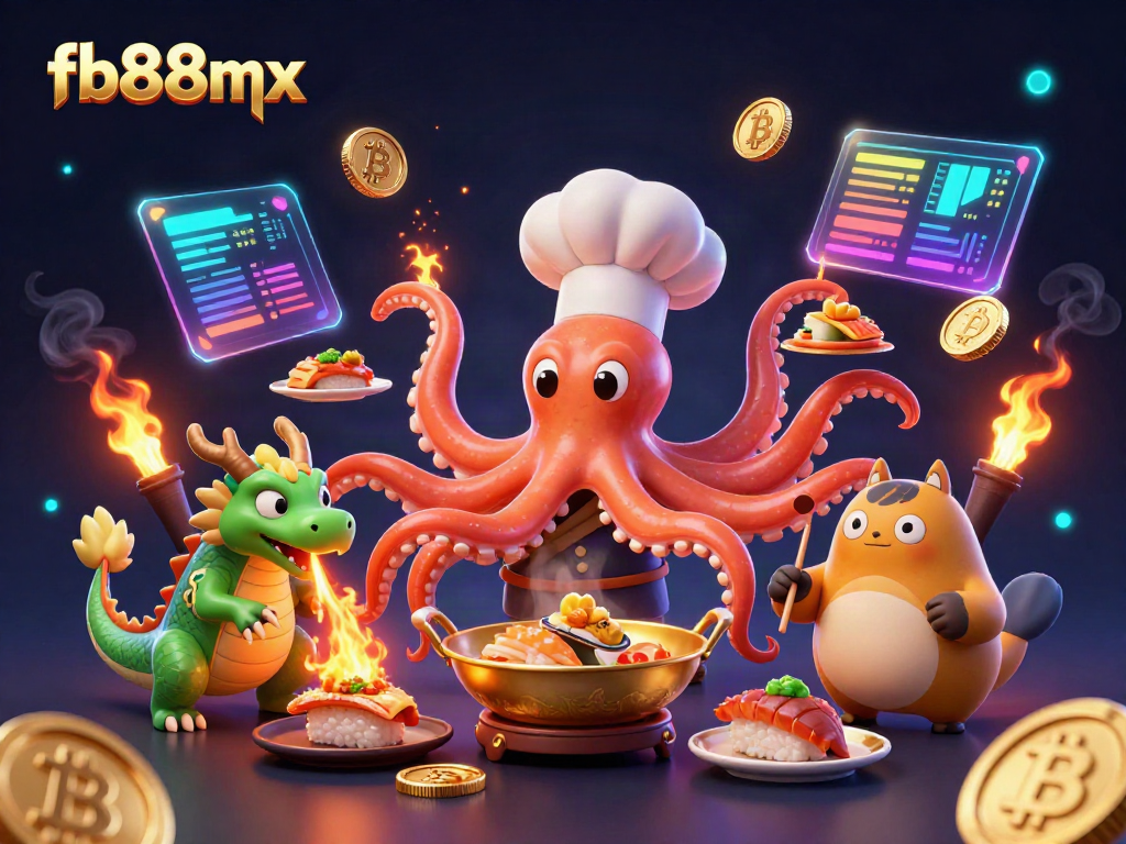 Experience the vibrant world of fb88mx with a sushi chef octopus, dragon, and tanuki in a dynamic gambling scene.