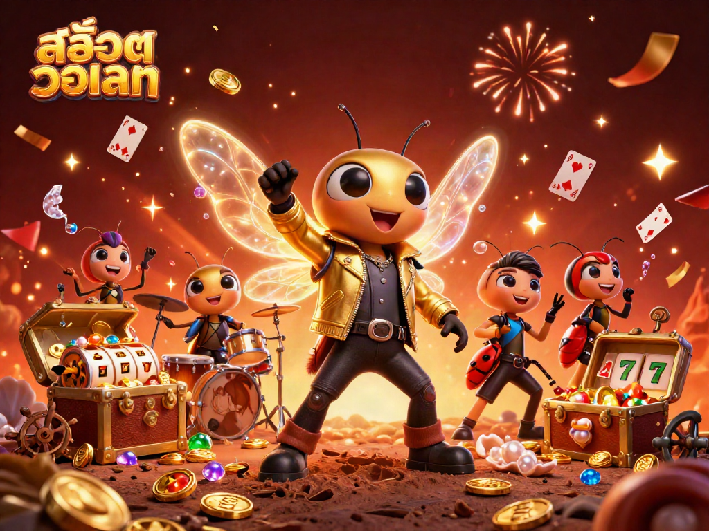 Catch the vibrant energy of สล็อตวอเลท in a colorful 3D gambling scene with characters and slot reels.