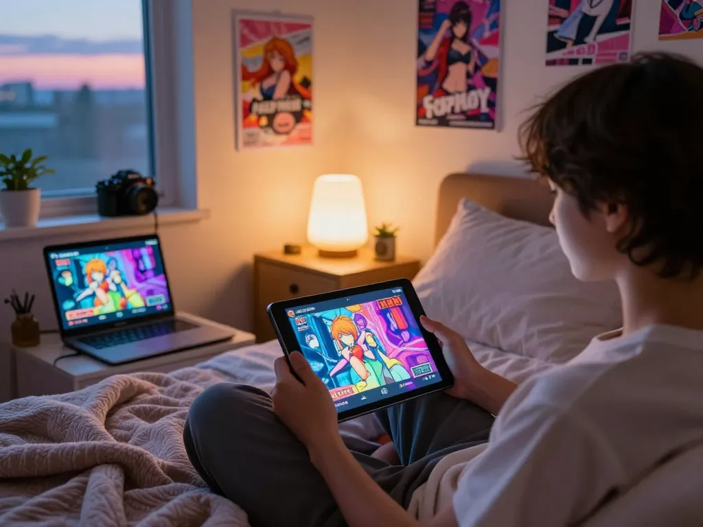 Person enjoying porngames on a cozy bed with tablet and laptop, inviting atmosphere.