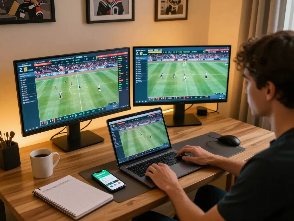 Person engaging with kèo nhà cái on laptop while placing sports bets at home