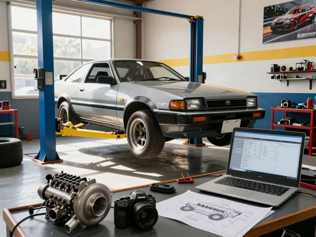 Tuning the A80 platform Toyota Supra in a vibrant garage workshop with performance parts.
