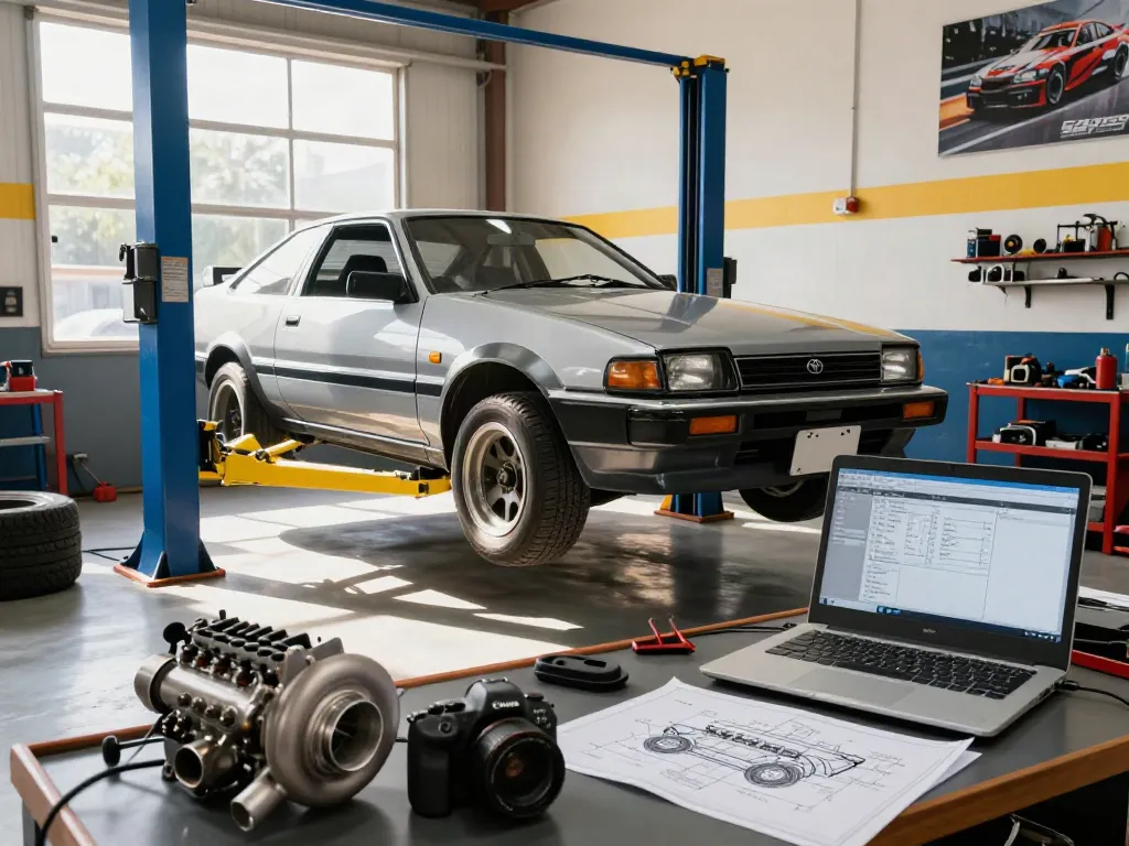 Tuning the A80 platform Toyota Supra in a vibrant garage workshop with performance parts.