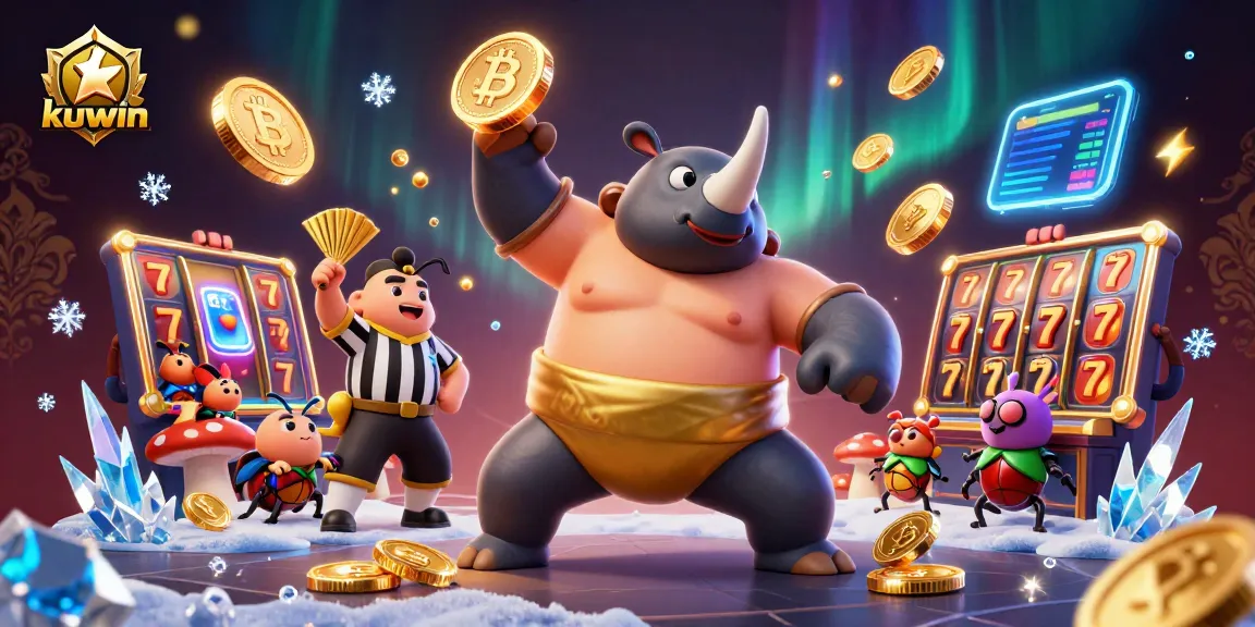 Kuwin casino illustration featuring a sumo champion beetle and Bitcoin elements, promoting winning strategies.