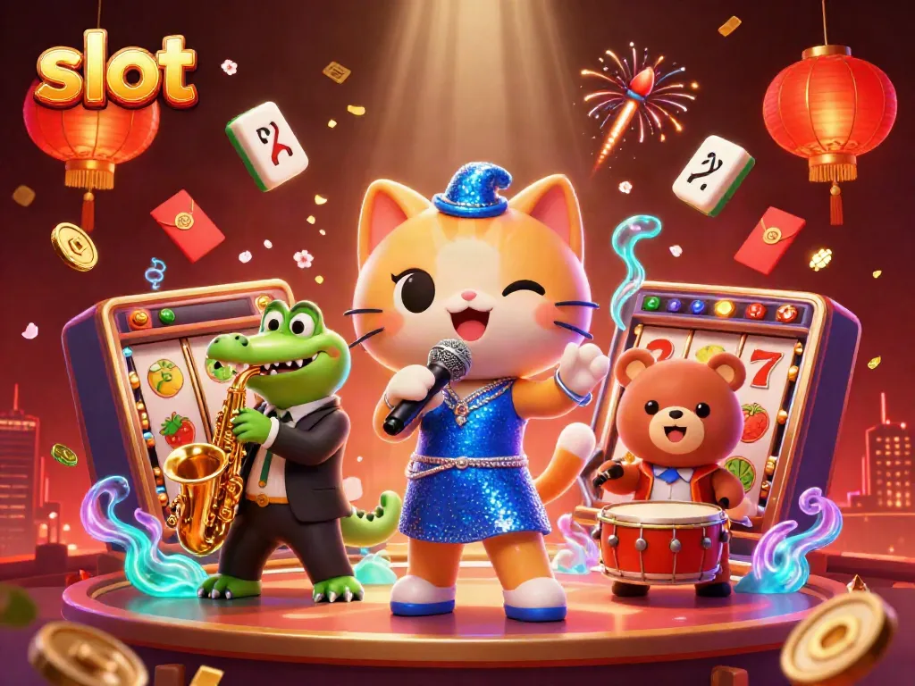 Menangkan slot dengan karakter kartun 3D bermain musik di panggung kasino yang berwarna-warni.