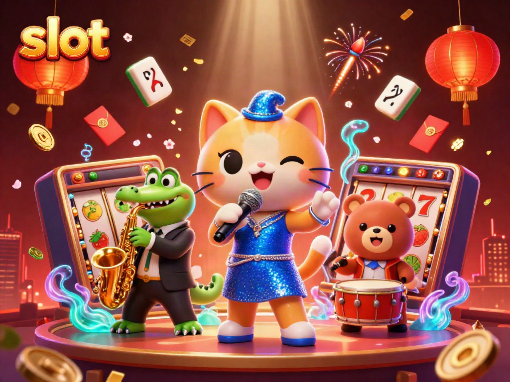 Menangkan slot dengan karakter kartun 3D bermain musik di panggung kasino yang berwarna-warni.