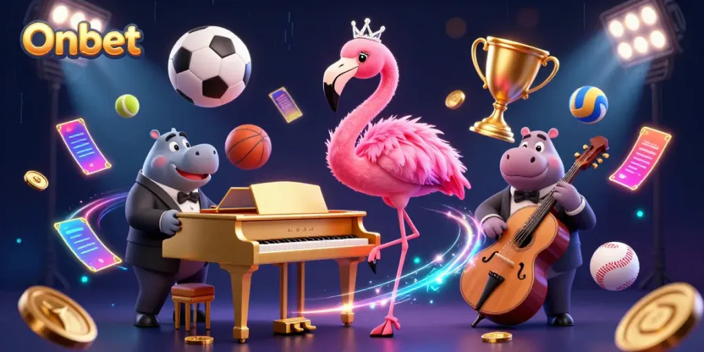 Experience the thrilling world of Onbet with unique casino elements and vibrant characters in an energetic setting.