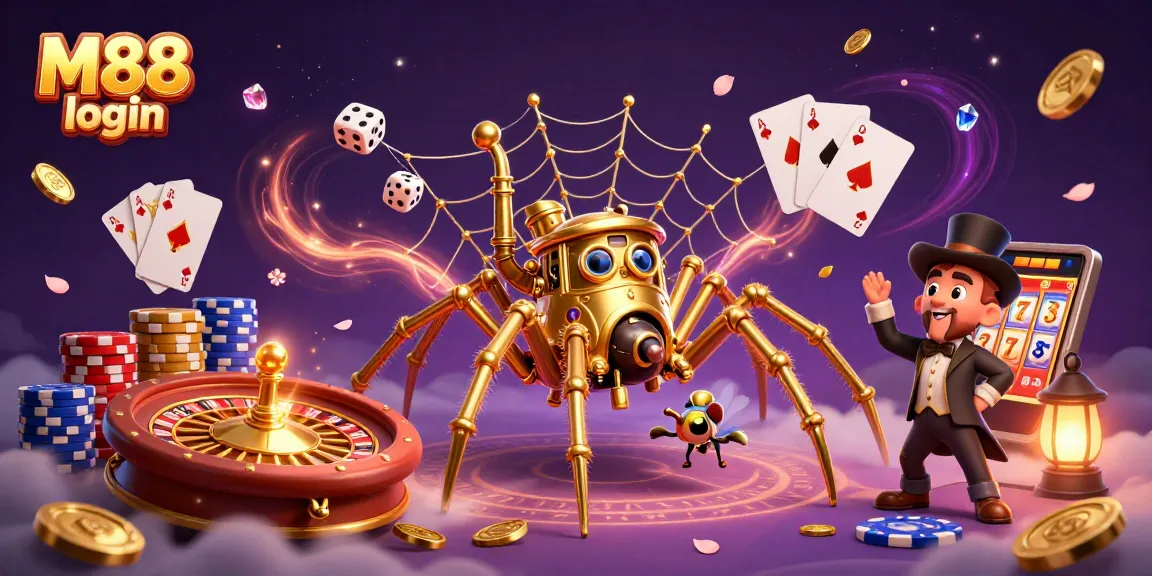 M88 login scene with a steampunk spider, golden chains, and vibrant casino elements.