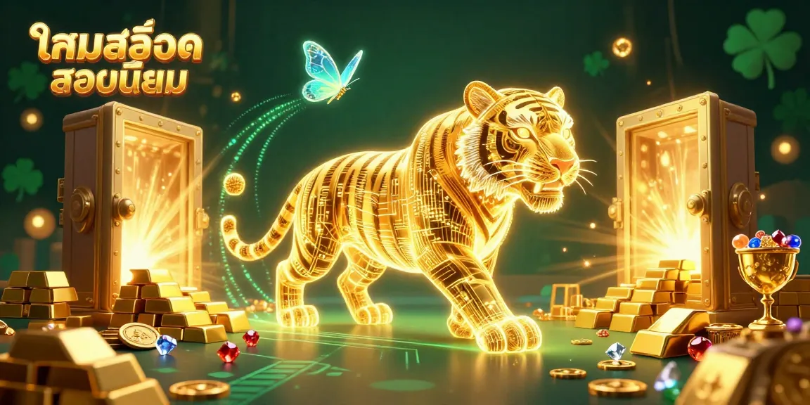 Engage in thrilling gameplay with เกมสล็อตยอดนิยม, featuring a neon golden tiger amidst a vibrant digital casino.