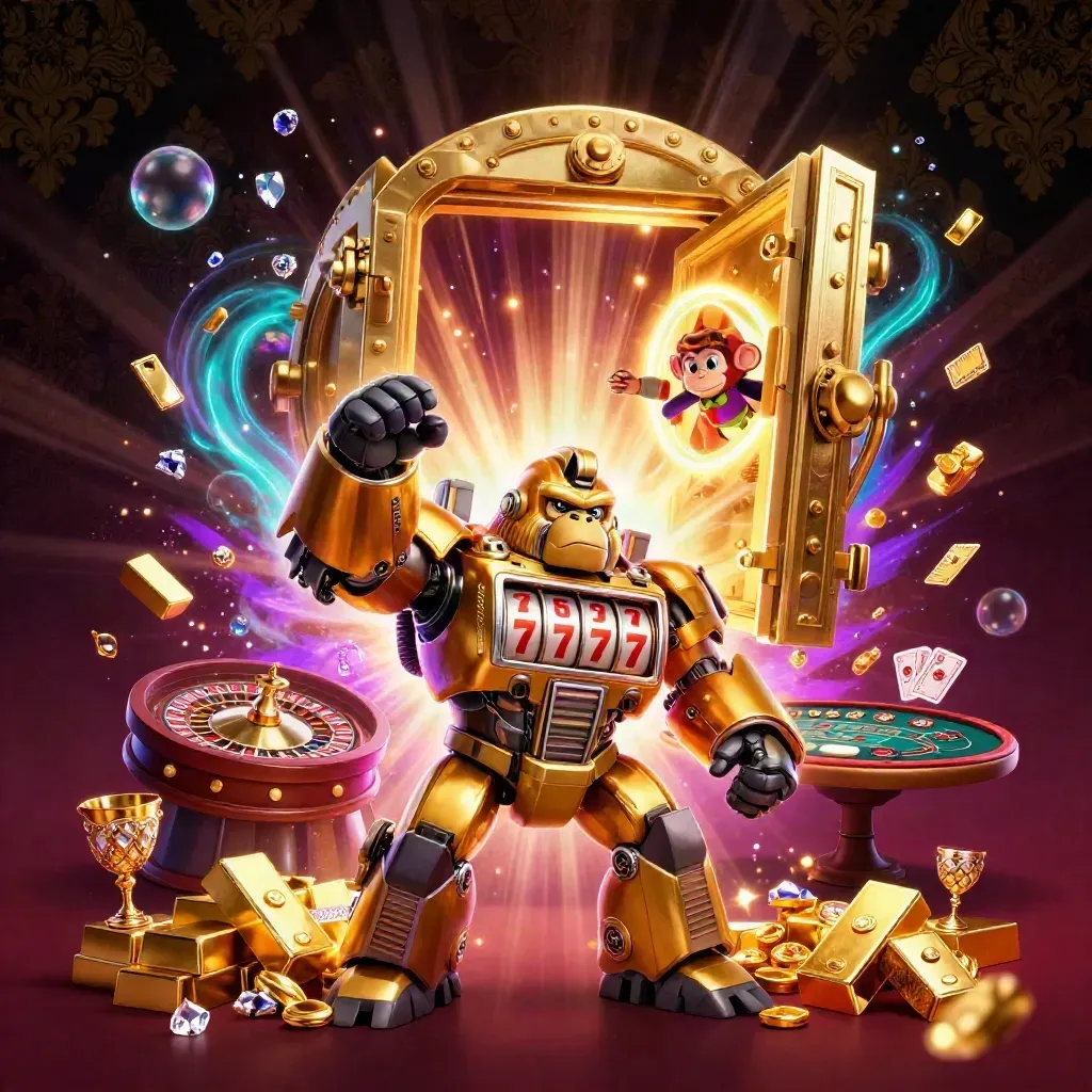 Golden gorilla mech, tiny monkey pilot, vault blast, roulette spin, casino treasure, neon luxury