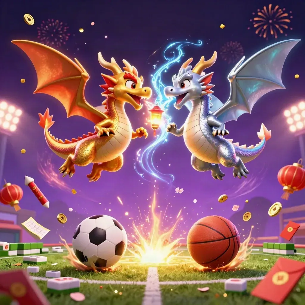 Gold and silver dragons with fire and ice, sports balls, lanterns, coins, and fireworks in neon purple-gold light.
