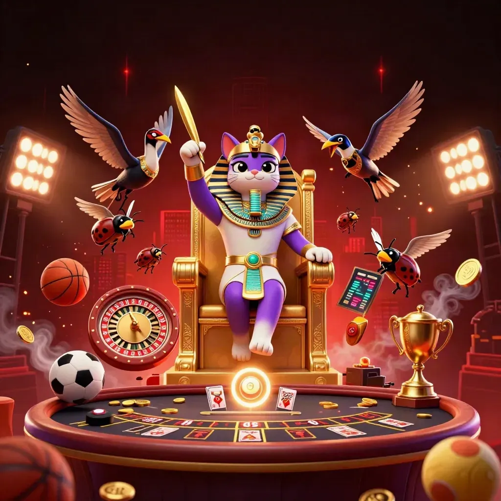Pharaoh cat, ibis scribe, and gem-wing scarabs amid roulette and casino glamour