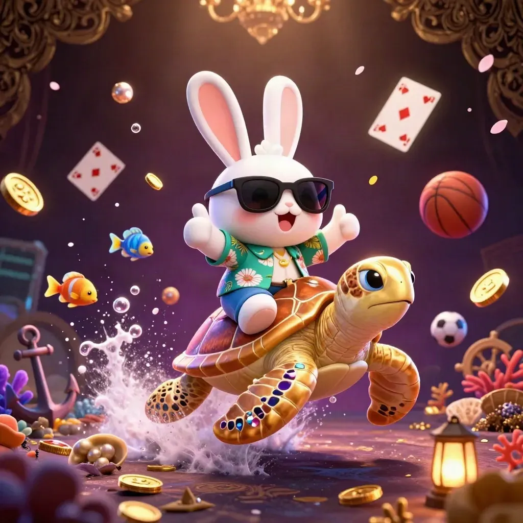Lucky rabbit on golden sea turtle amid casino underwater treasure, balls, coins, and neon glow.