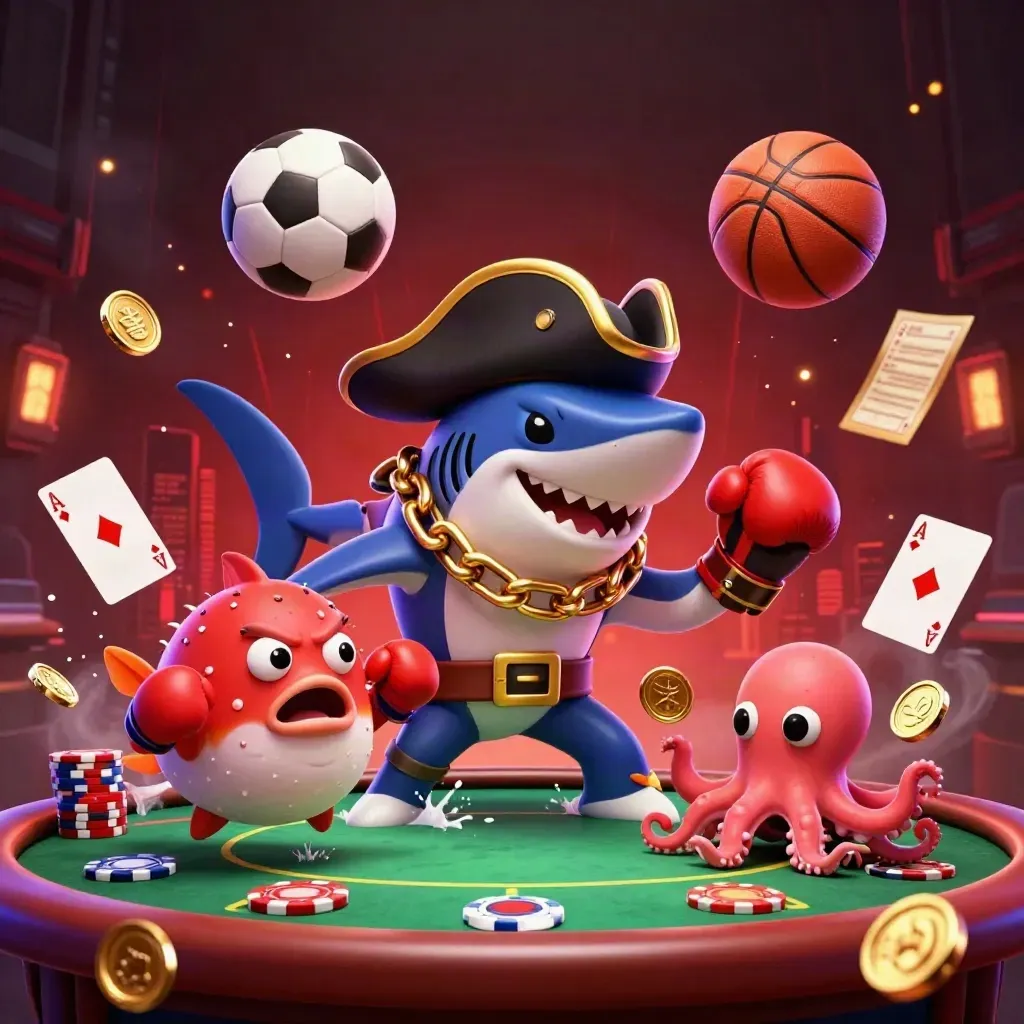 Pirate shark, boxing pufferfish and coin-juggling octopus around poker chips, balls and neon casino light